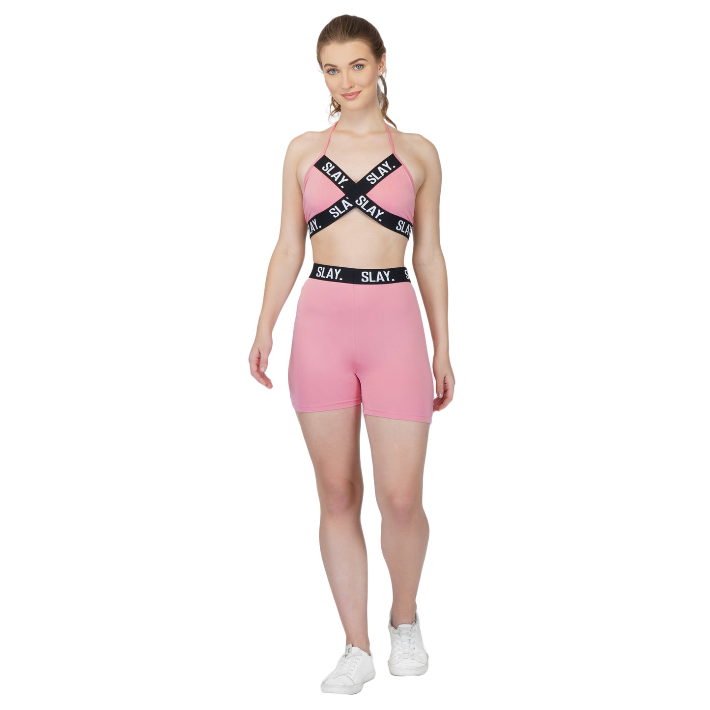SLAY. Women's Pink Activewear Backless Sports Bra And High waist Shorts Co-ord Set