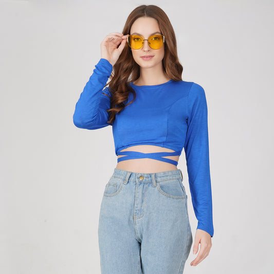 SLAY. Women's Blue Full Sleeves Crop Top with Back Wrap around Strings-clothing-to-slay.myshopify.com-Crop Top