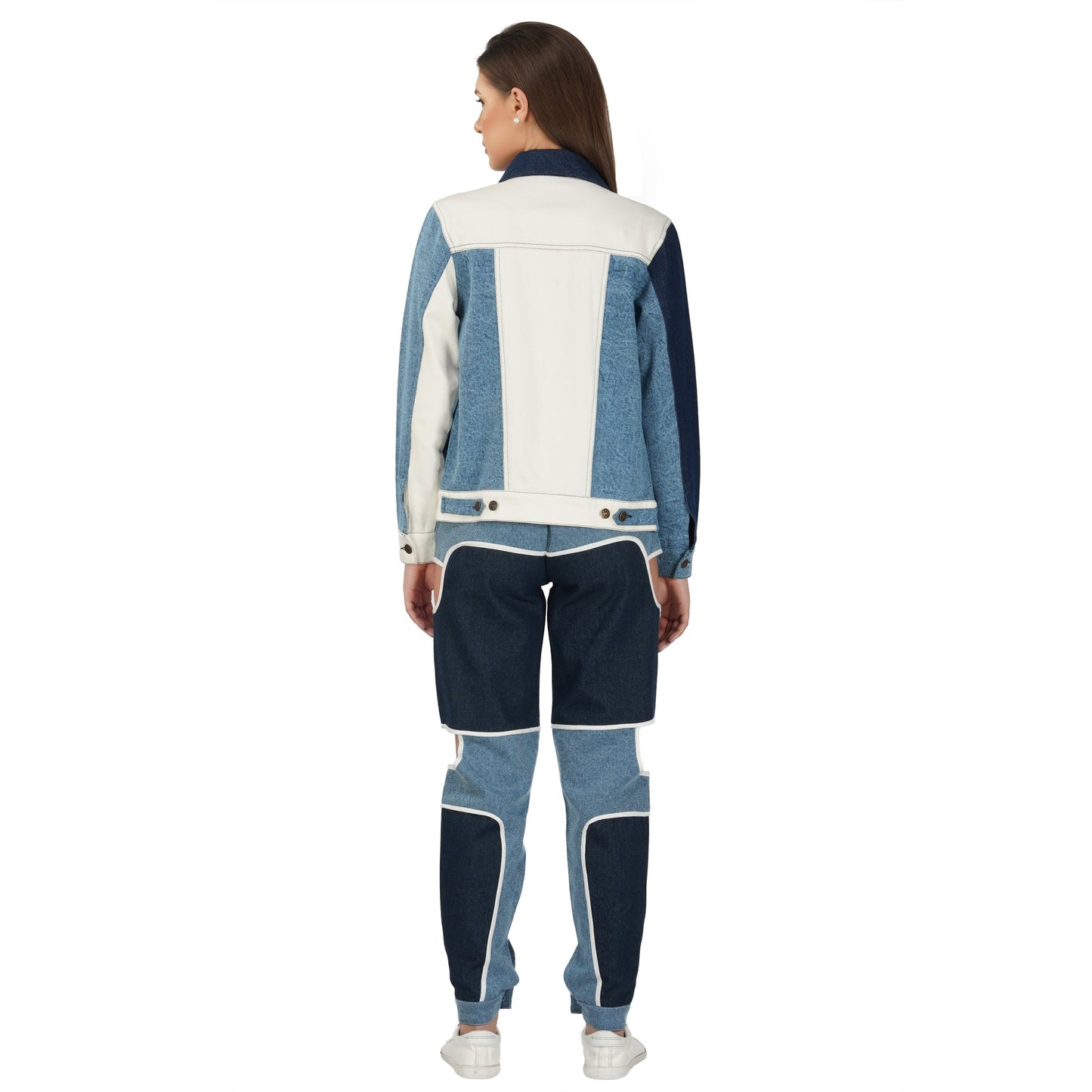 SLAY. Women's Side Cutout Blue & White Colorblock Denim Jeans