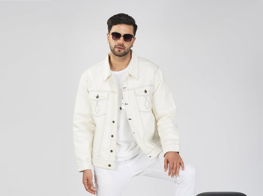 SLAY. Men's Off White Contrast Stitch Denim Cotton Biker Jacket For Men