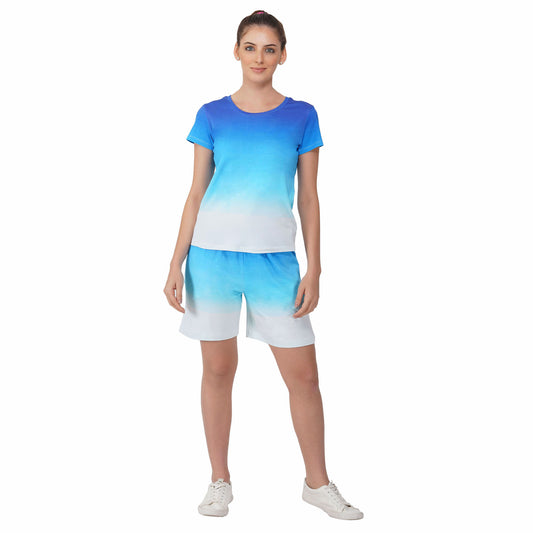 SLAY. Women's Blue to White Ombre T Shirt & Shorts Co-ord Set