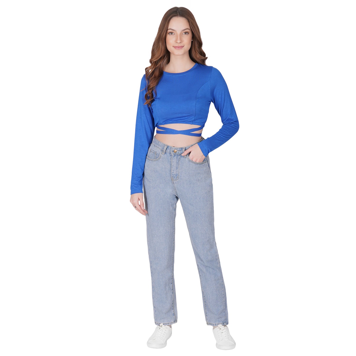 SLAY. Women's Blue Full Sleeves Crop Top with Back Wrap around Strings-clothing-to-slay.myshopify.com-Crop Top