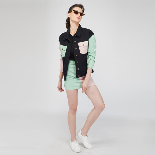 SLAY. Women's Flap Pocket Colorblock Cord Denim Jacket & Skirt Set-clothing-to-slay.myshopify.com-Outerwear
