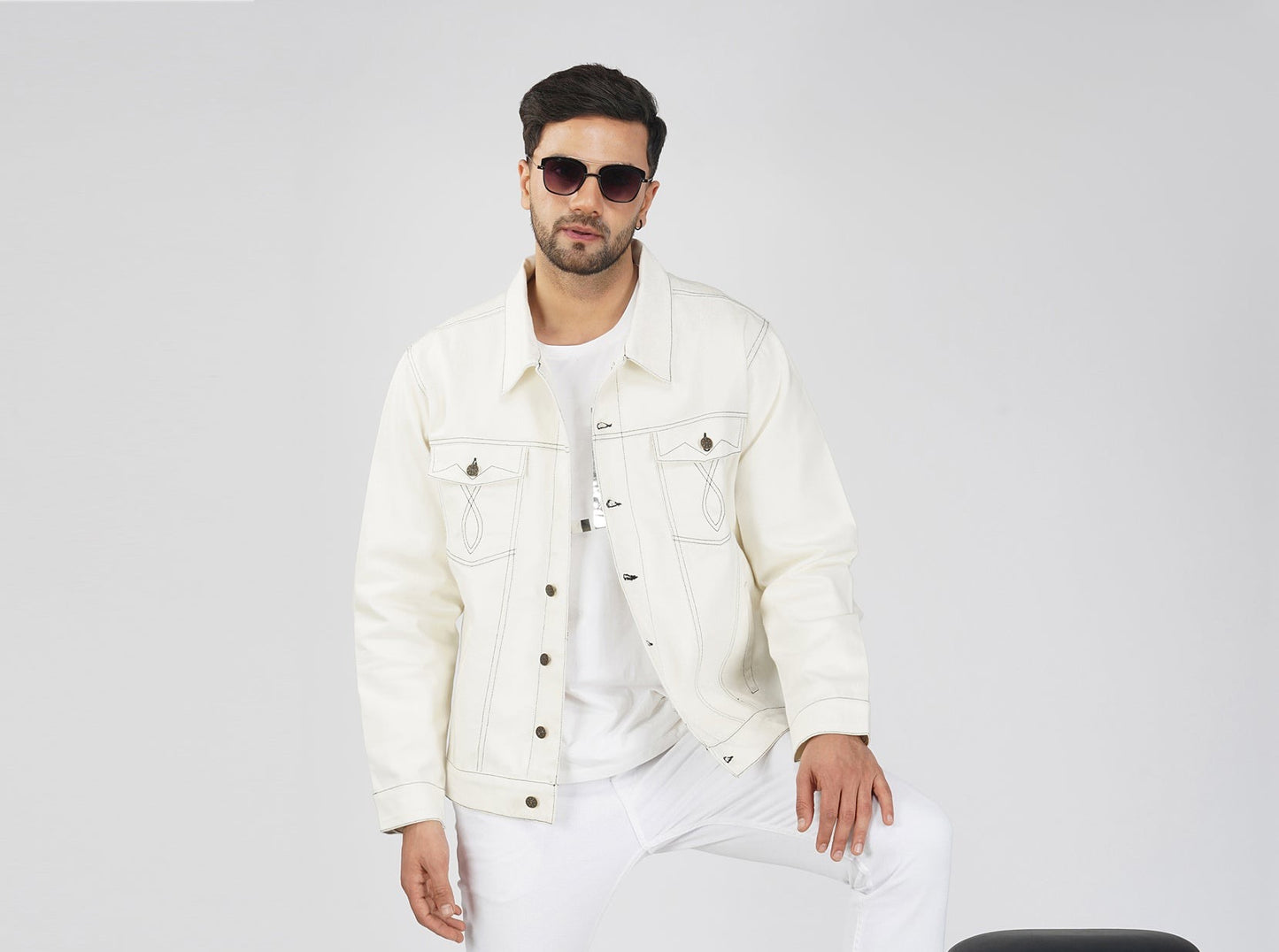 SLAY. Men's Off White Contrast Stitch Denim Cotton Biker Jacket For Men