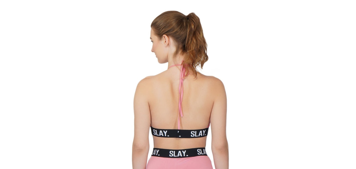 SLAY. Women's Black Activewear Backless Sports Bra And High
