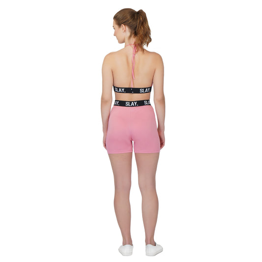 SLAY. Women's Pink Activewear Backless Sports Bra And High waist Shorts Co-ord Set