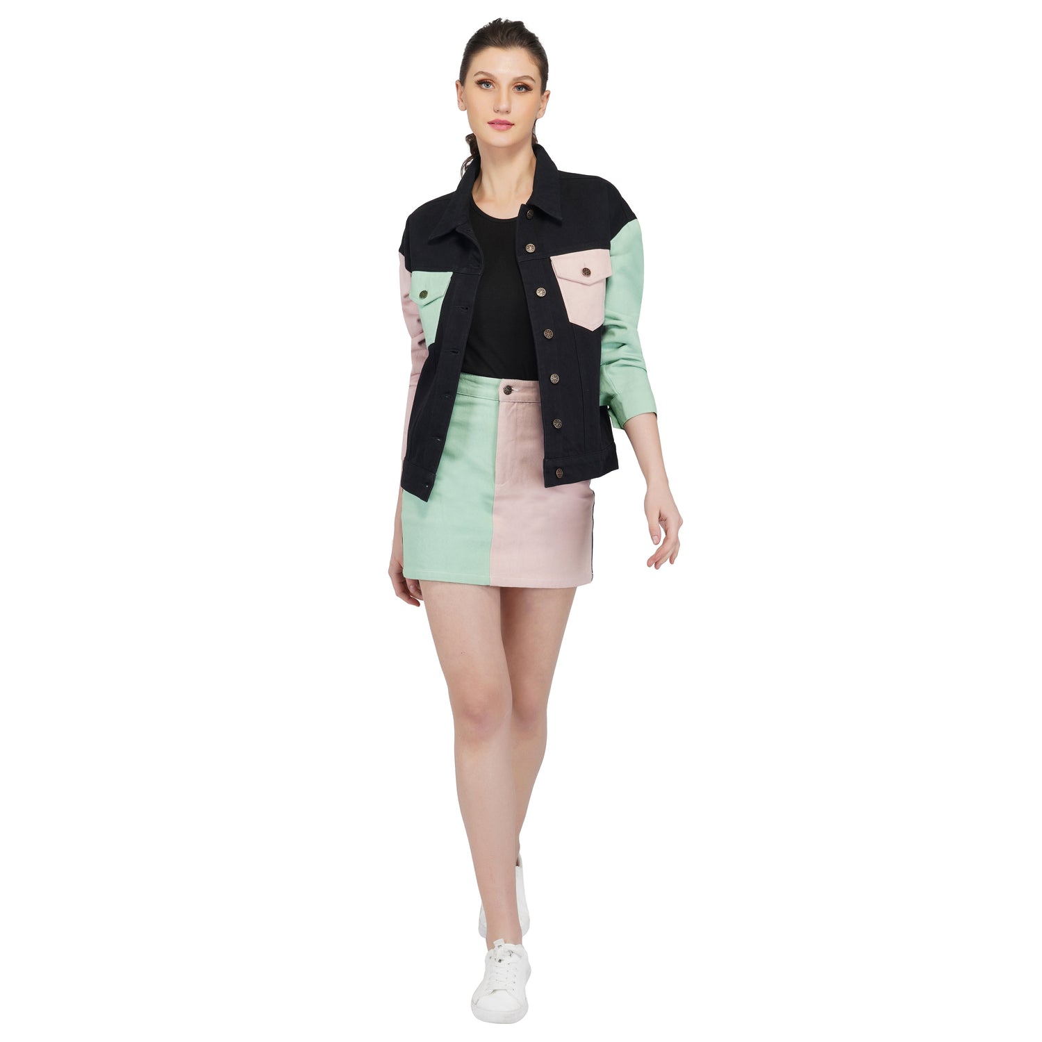 SLAY. Women's Flap Pocket Colorblock Cord Denim Jacket & Skirt Set-clothing-to-slay.myshopify.com-Outerwear