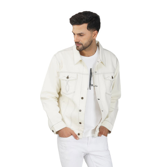 SLAY. Men's Off White Contrast Stitch Denim Cotton Biker Jacket For Men