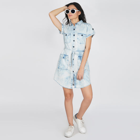 SLAY. Women's Tie Dye Denim A-Line Short Dress with Waist Belt-clothing-to-slay.myshopify.com-Dress