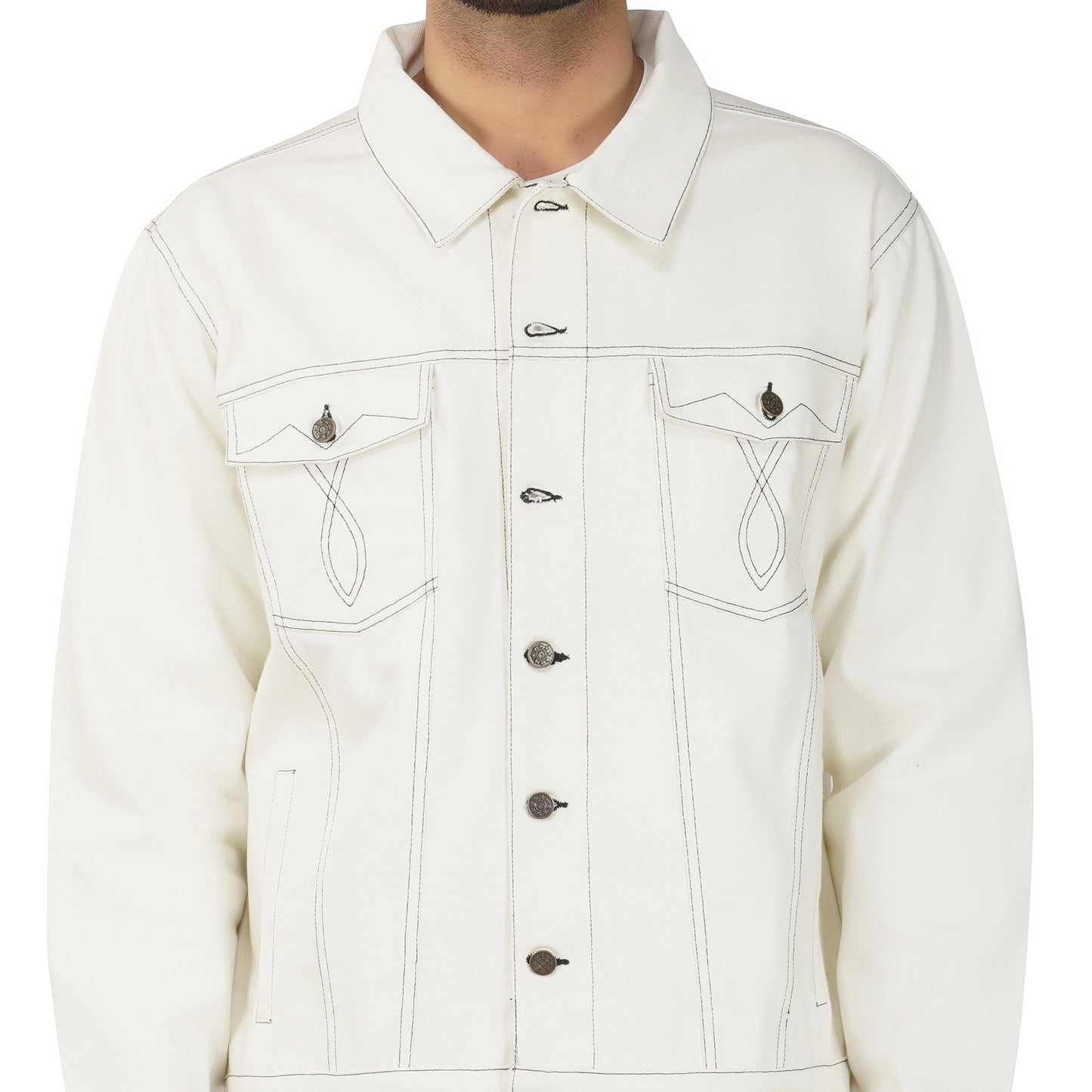 SLAY. Men's Off White Contrast Stitch Denim Cotton Biker Jacket For Men