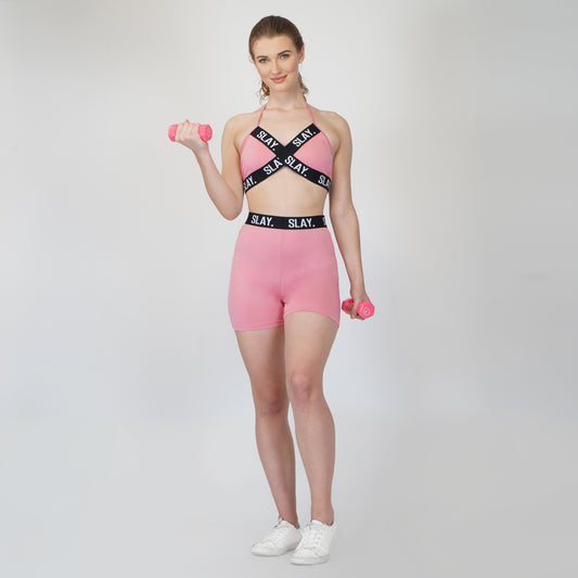 SLAY. Women's Pink Activewear Backless Sports Bra And High waist Shorts Co-ord Set