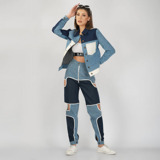 SLAY. Women's Blue & White Colorblock Denim Jacket Crop Top & Jeans Co-ord Set(3 Piece)