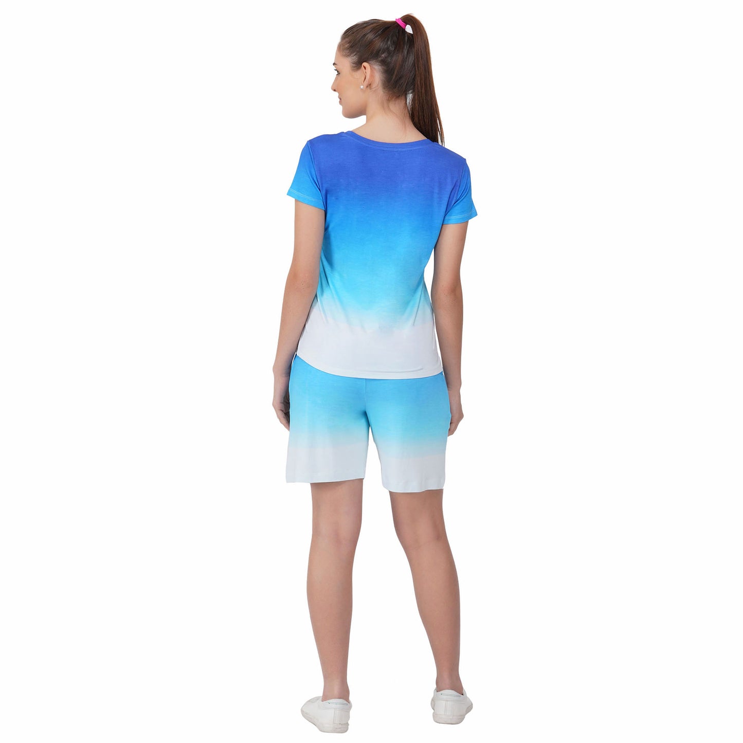 SLAY. Women's Blue to White Ombre T Shirt & Shorts Co-ord Set