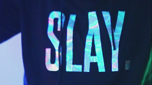 SLAY. Classic Women's 💎 Edition Holographic Reflective Print Black Hoodie