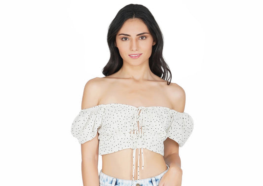 SLAY. White Ruched Black Polka Dot Off Shoulder Crop Top-clothing-to-slay.myshopify.com-Crop Top