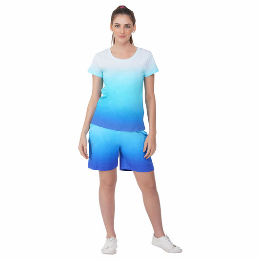 SLAY. Women's White to Blue Ombre T Shirt & Shorts Co-ord Set