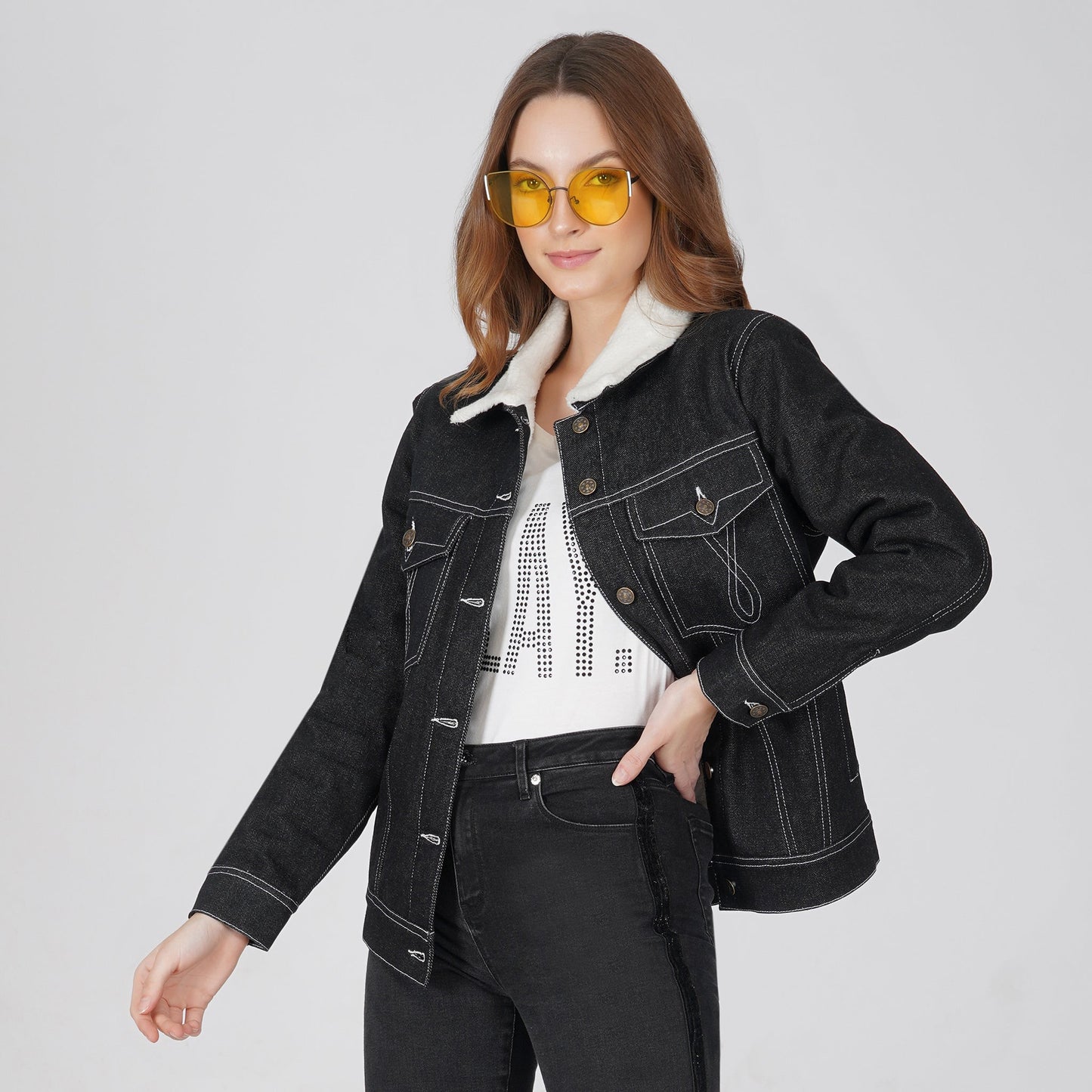 SLAY. Women s Embroidered Black Denim Jacket with Faux fur Lining