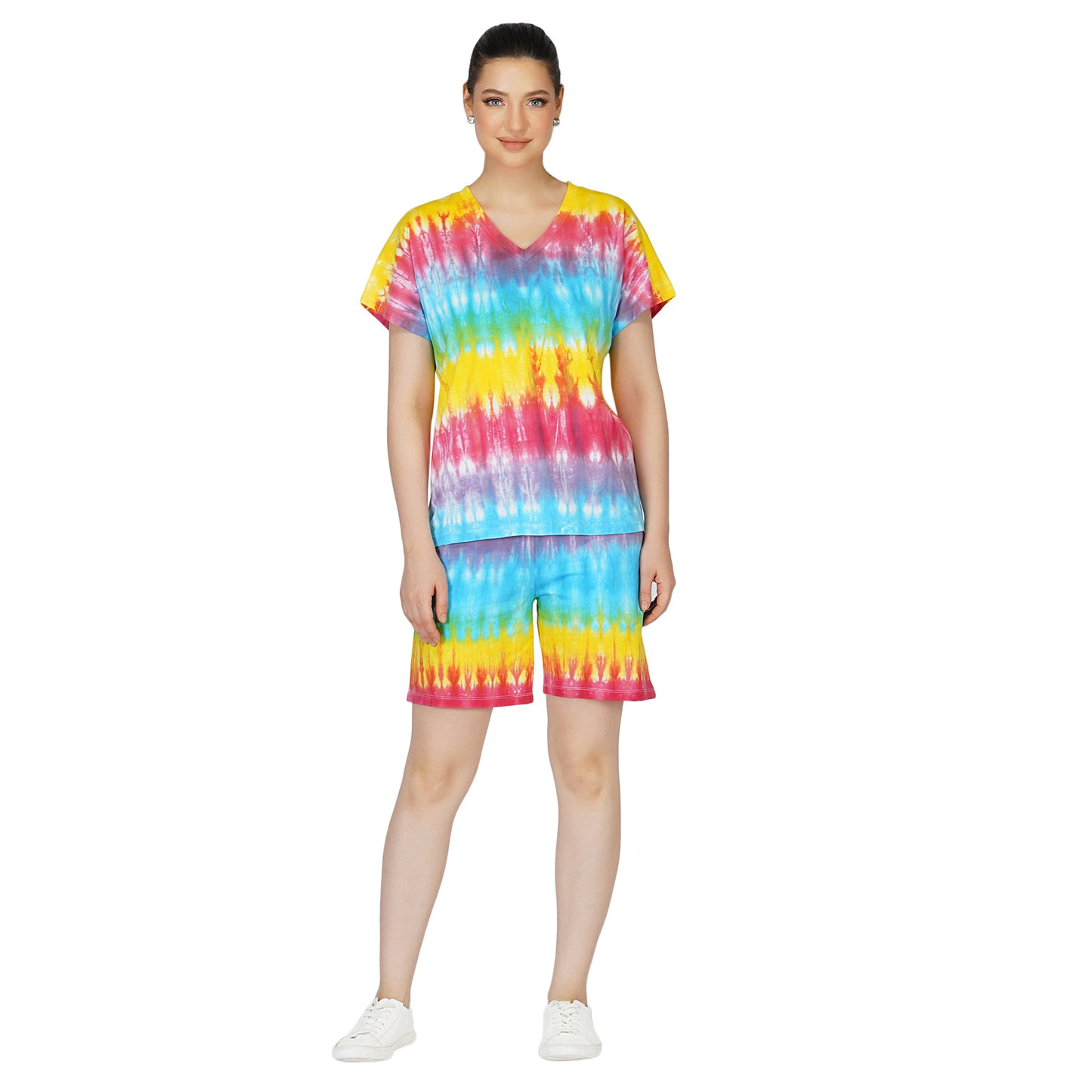 SLAY. Women's Rainbow Tie-Dye Oversized V Neck T shirt & Shorts Co ord Set