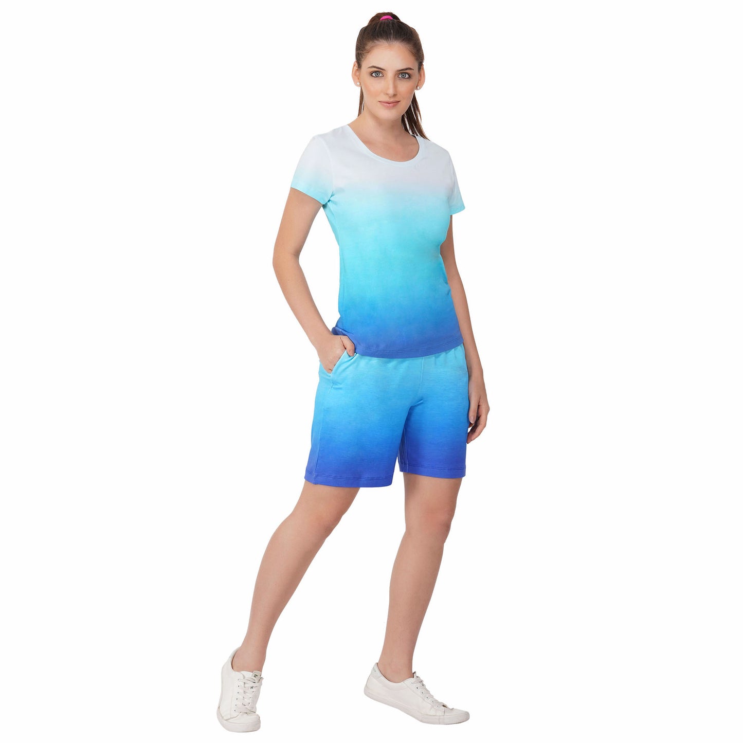 SLAY. Women's White to Blue Ombre T Shirt & Shorts Co-ord Set