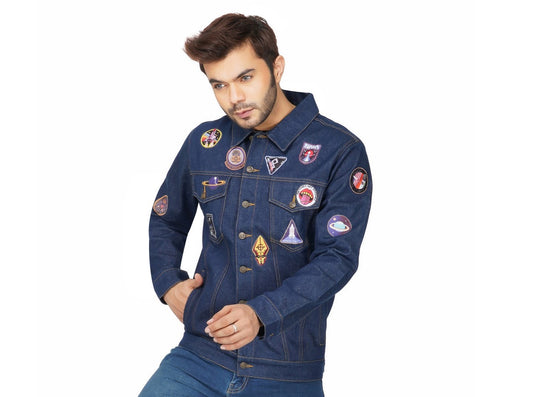 SLAY. Men's Patchwork Embroidered Navy Blue Vintage Button-Down Denim Biker Jacket-clothing-to-slay.myshopify.com-Jacket