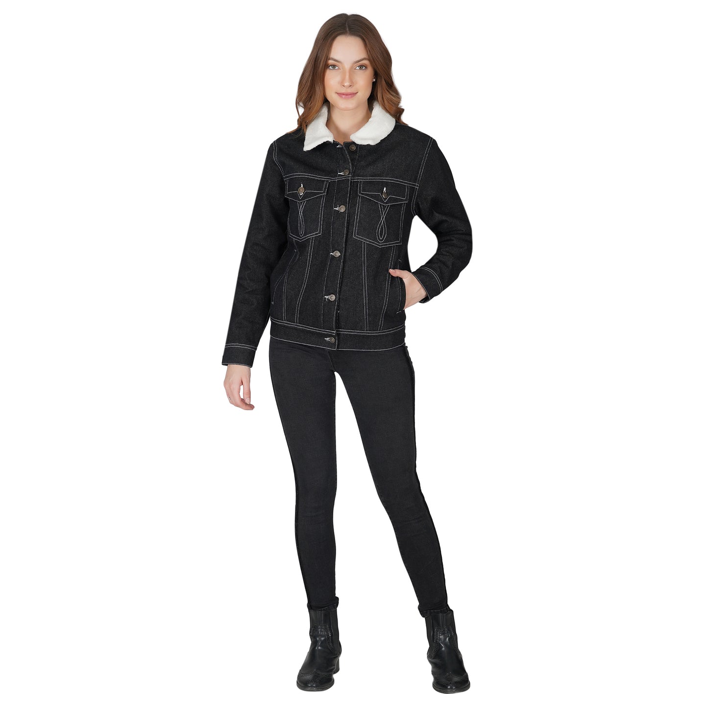SLAY. Women's Black Denim Jacket with Faux-fur Lining-clothing-to-slay.myshopify.com-Denim Jacket