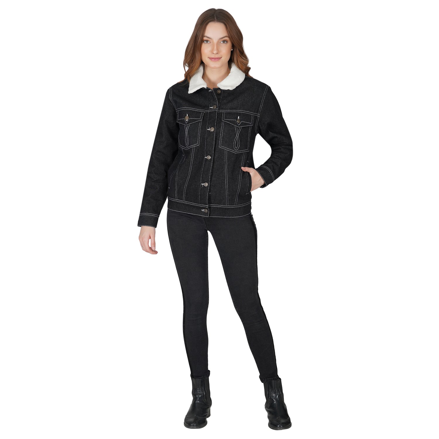 Black Denim Jacket with Black Borg collar – London Attitude