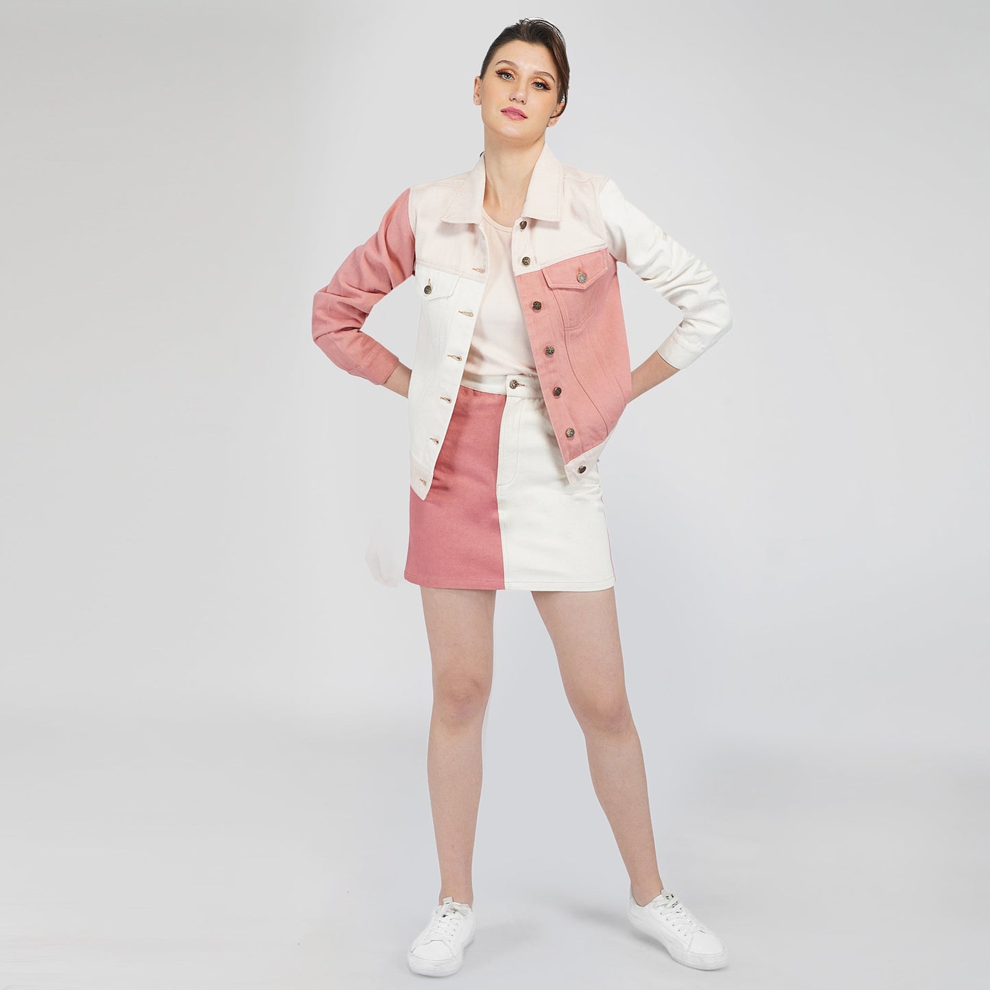 SLAY. Women's Pink & White Colorblock Denim Jacket & Skirt Coord Set-clothing-to-slay.myshopify.com-Outerwear