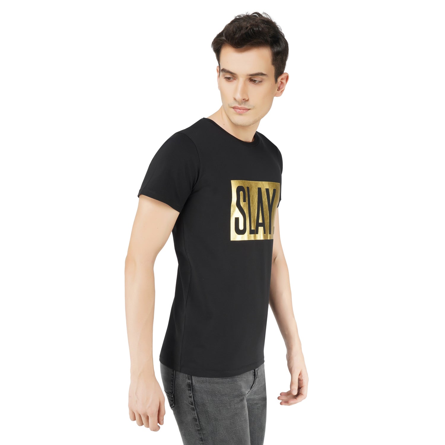SLAY. Men's Premium Edition Gold Foil Matte Finish Print T-shirt Men's T-shirt Graphic T-shirt for men Plain T-shirt for men Basic T-shirt for men V