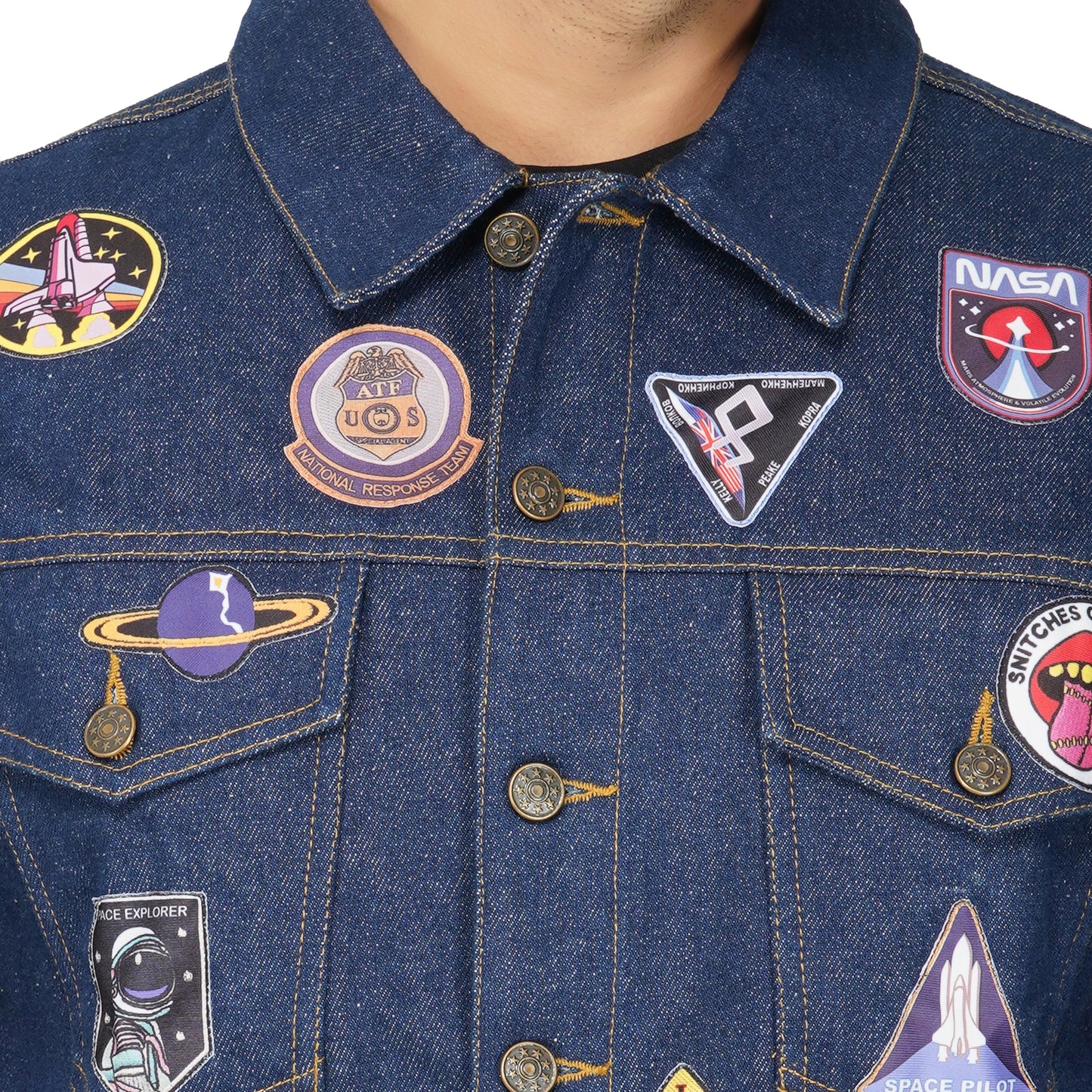 SLAY. Men's Patchwork Embroidered Navy Blue Vintage Button-Down Denim Biker Jacket-clothing-to-slay.myshopify.com-Jacket