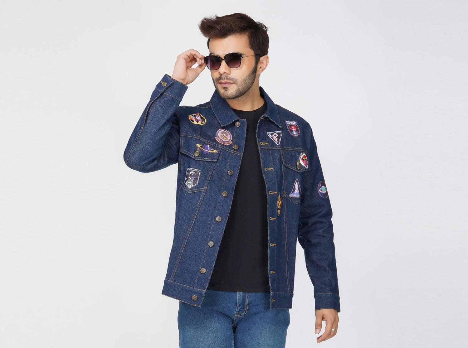 SLAY. Men's Patchwork Embroidered Navy Blue Vintage Button-Down Denim Biker Jacket-clothing-to-slay.myshopify.com-Jacket