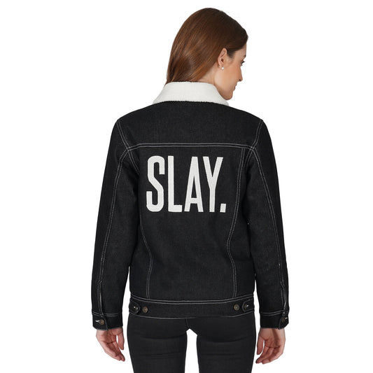 SLAY. Women's Black Denim Jacket with Faux-fur Lining-clothing-to-slay.myshopify.com-Denim Jacket