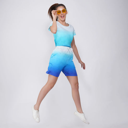 SLAY. Women's White to Blue Ombre T Shirt & Shorts Co-ord Set