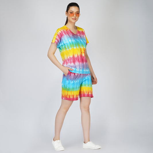 SLAY. Women's Rainbow Tie-Dye Oversized V Neck T shirt & Shorts Co ord Set