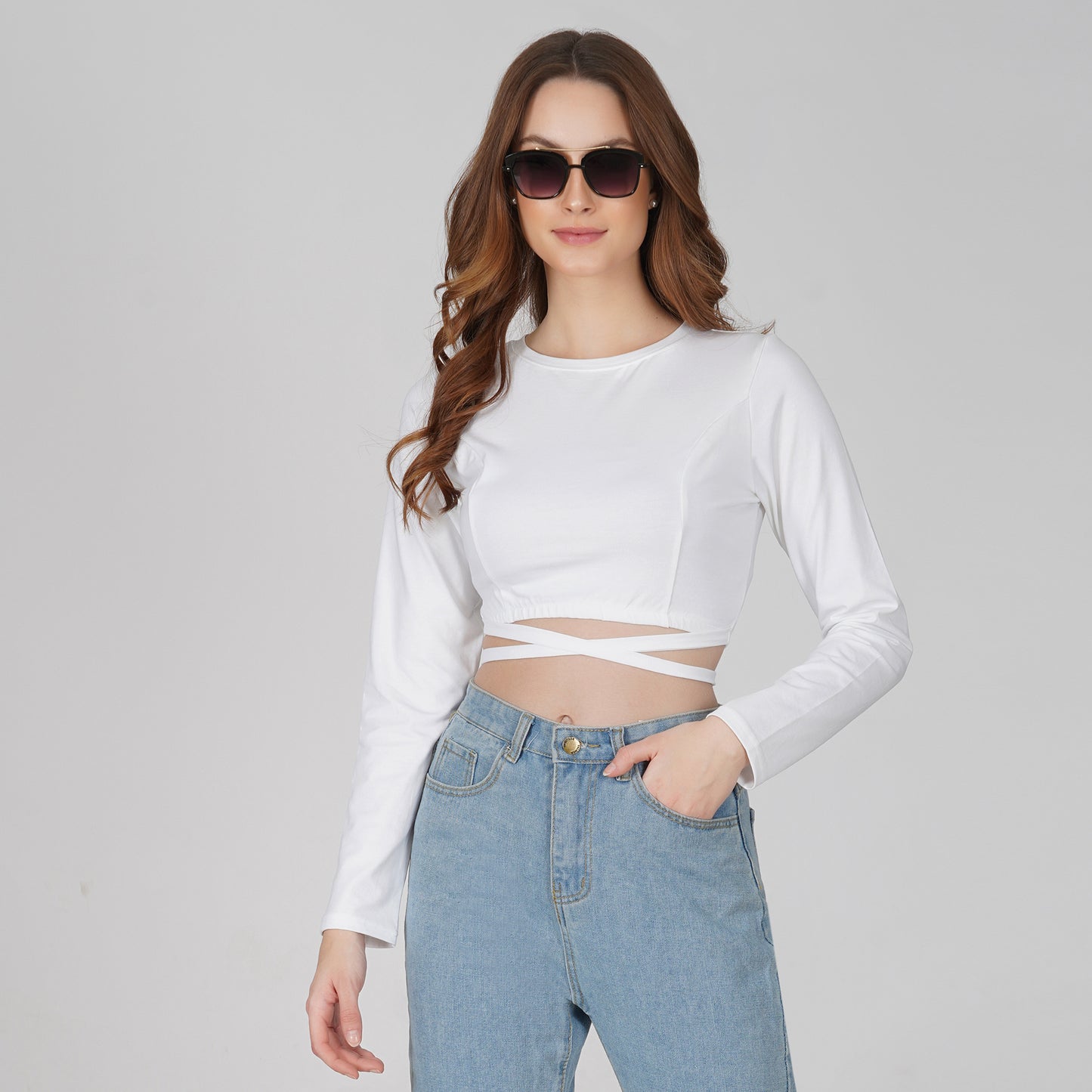 SLAY. Women's White Full Sleeves Crop Top with Back Wrap around Strings-clothing-to-slay.myshopify.com-Crop Top