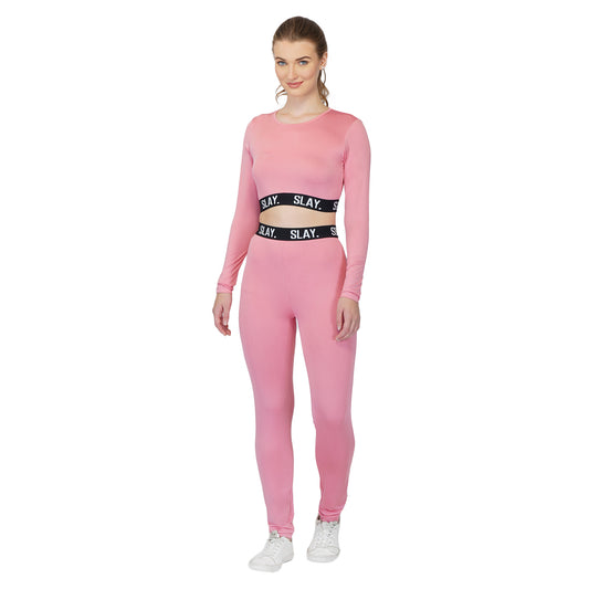 SLAY. Sport Women's Activewear Full Sleeves Crop Top And Pants Co-ord Set Pink