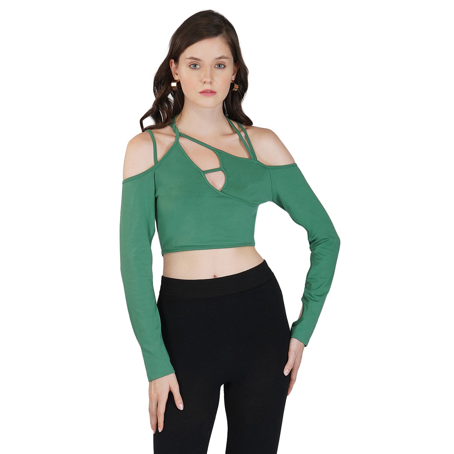 SLAY. Women's Cutout Long Sleeve Asymmetrical Crop Top Green