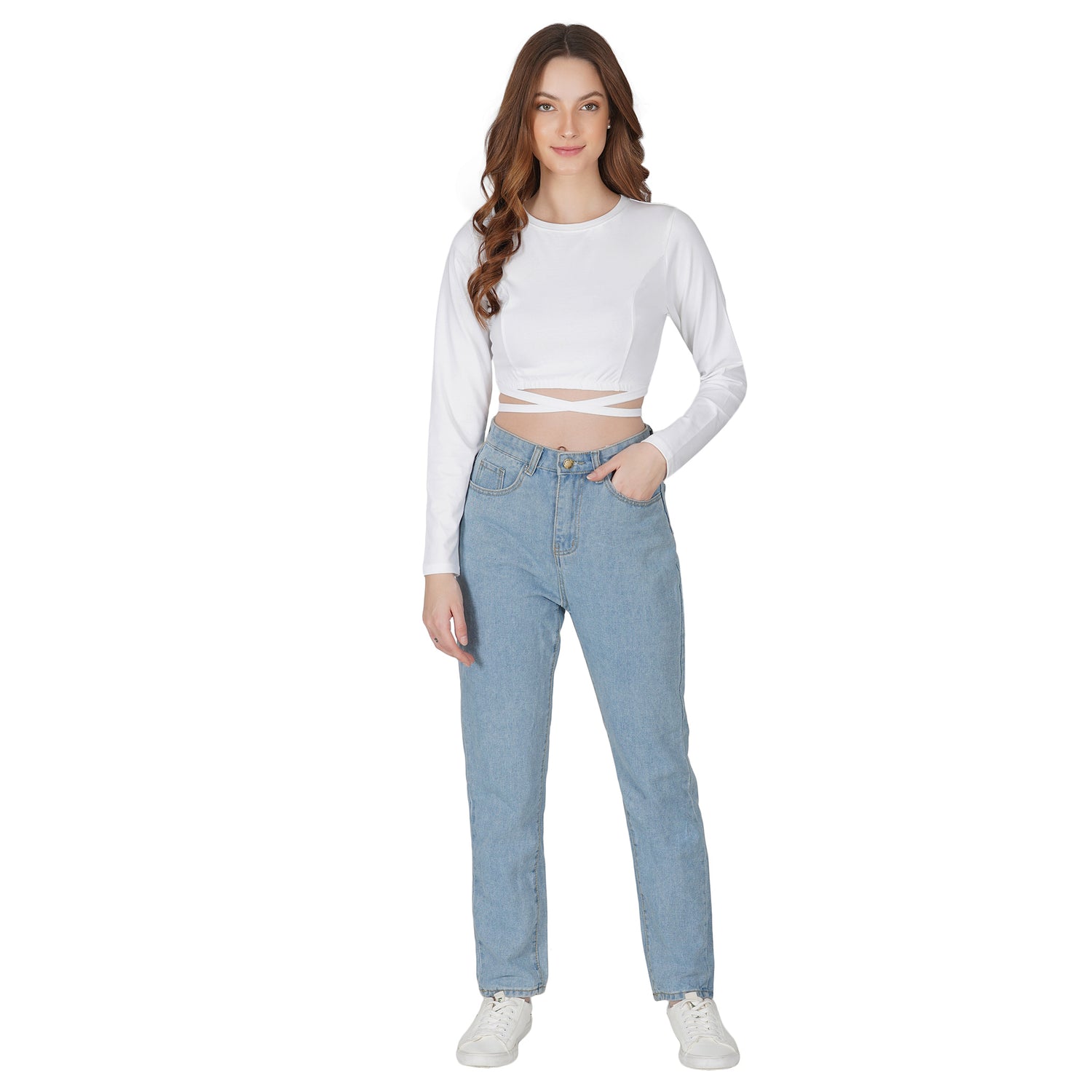 SLAY. Women's White Full Sleeves Crop Top with Back Wrap around Strings-clothing-to-slay.myshopify.com-Crop Top