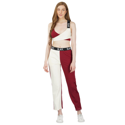 SLAY. Sport Women's Red & White Colorblock Bikini Crop Top & Pants Co-ord Set