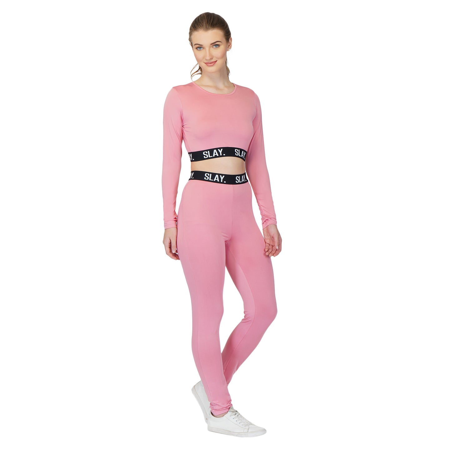 SLAY. Sport Women's Activewear Full Sleeves Crop Top And Pants Co-ord Set Pink