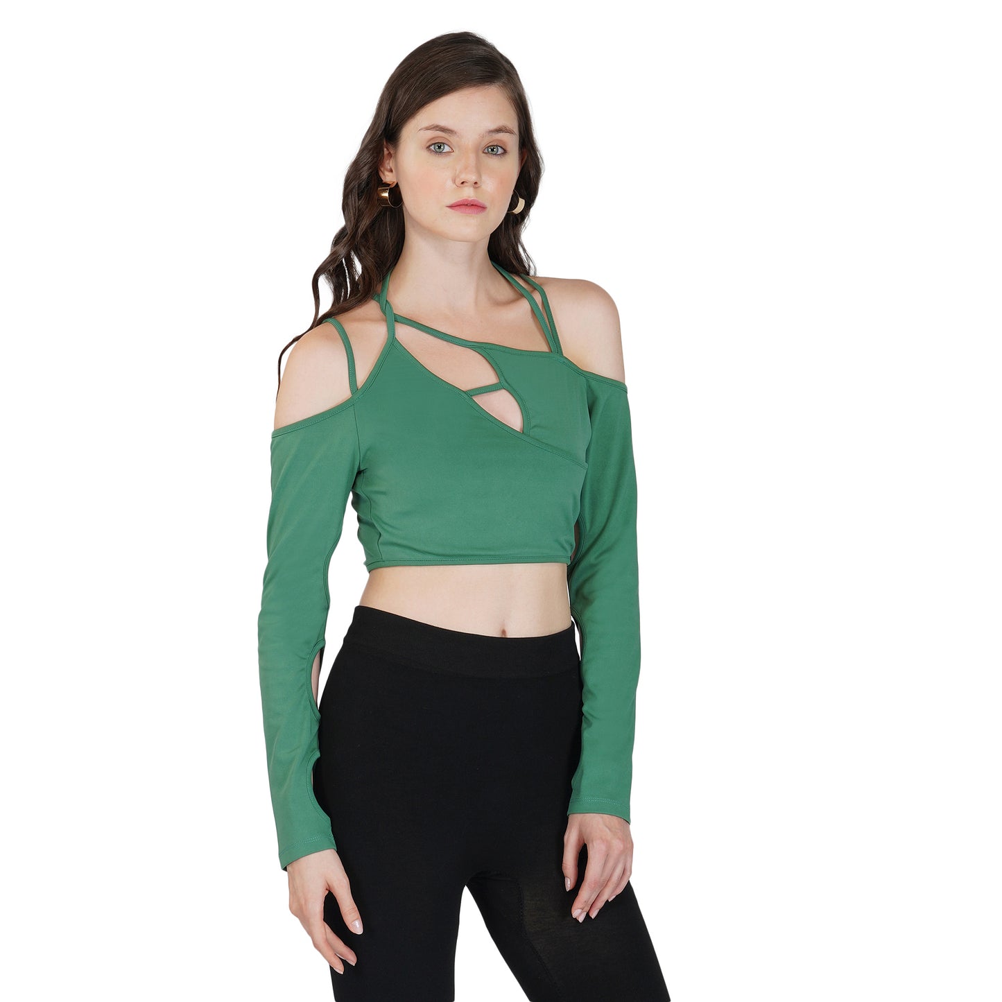 SLAY. Women's Cutout Long Sleeve Asymmetrical Crop Top Green