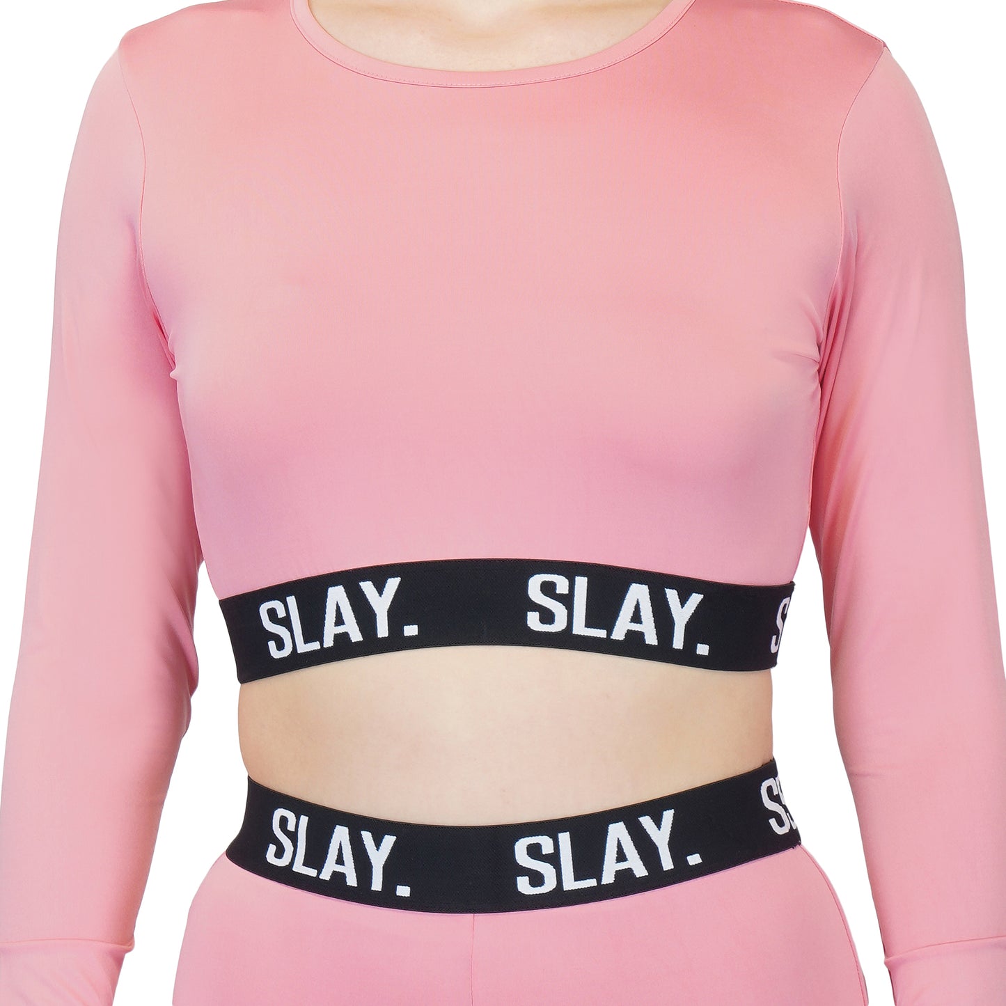 SLAY. Sport Women's Activewear Full Sleeves Crop Top And Pants Co-ord Set Pink