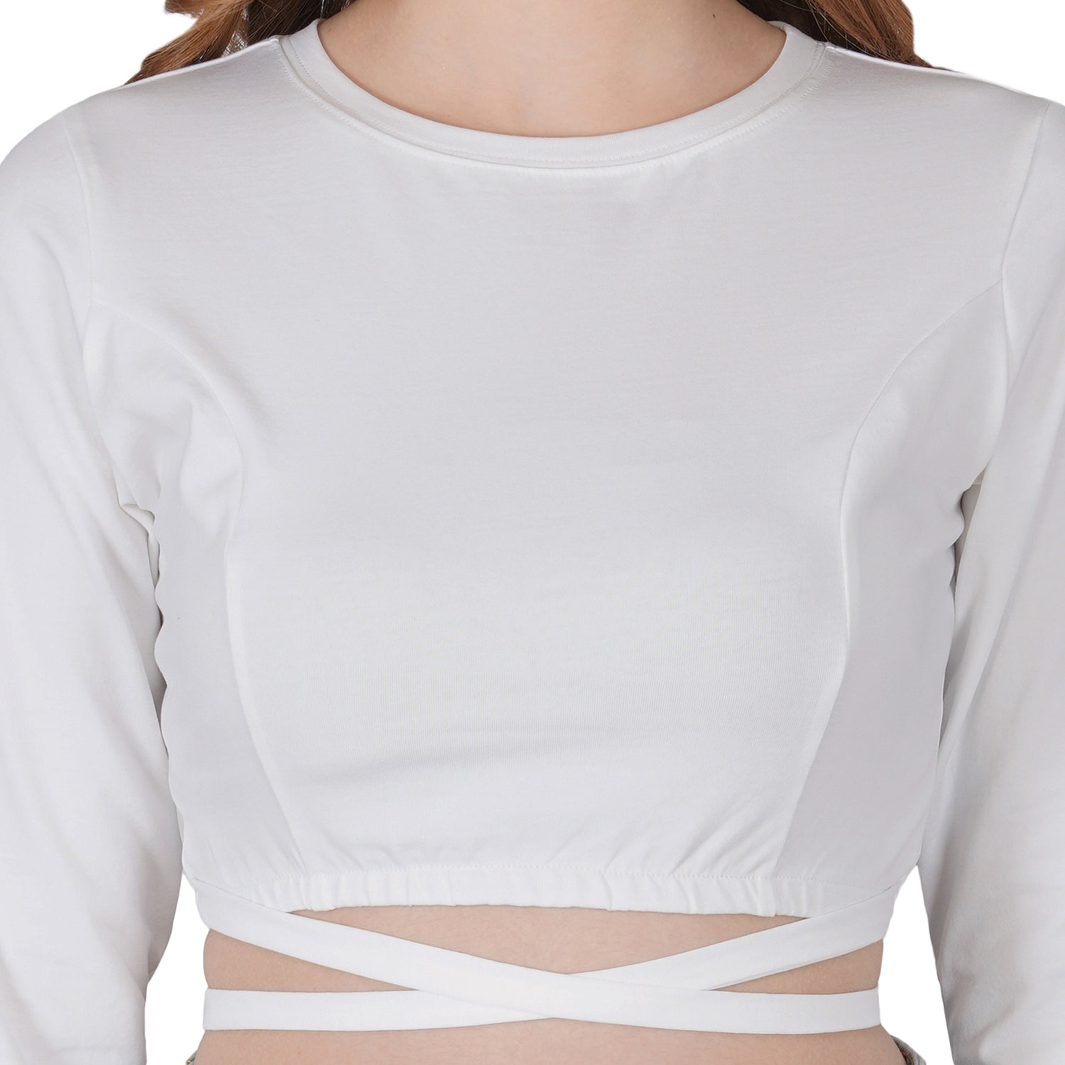 SLAY. Women's White Full Sleeves Crop Top with Back Wrap around Strings