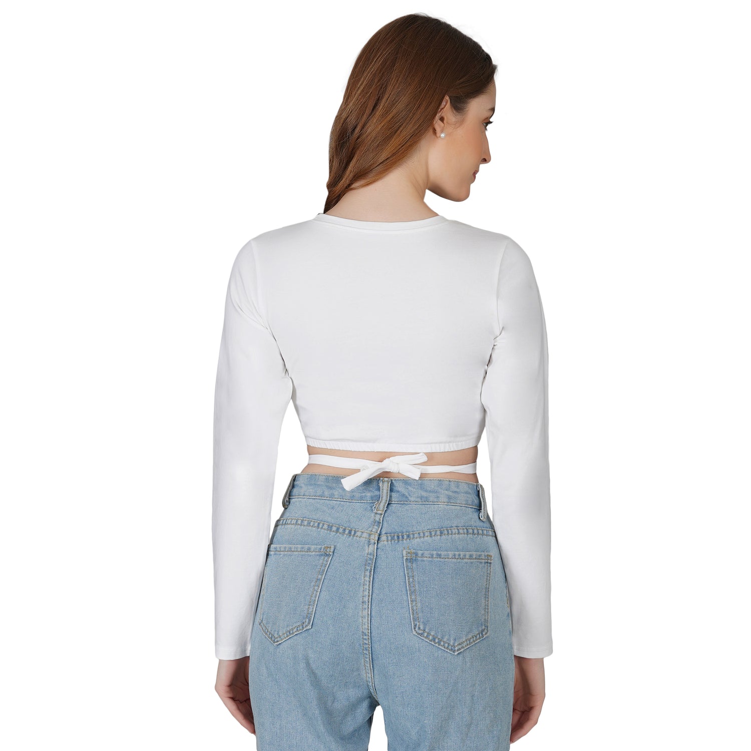 SLAY. Women's White Full Sleeves Crop Top with Back Wrap around Strings-clothing-to-slay.myshopify.com-Crop Top