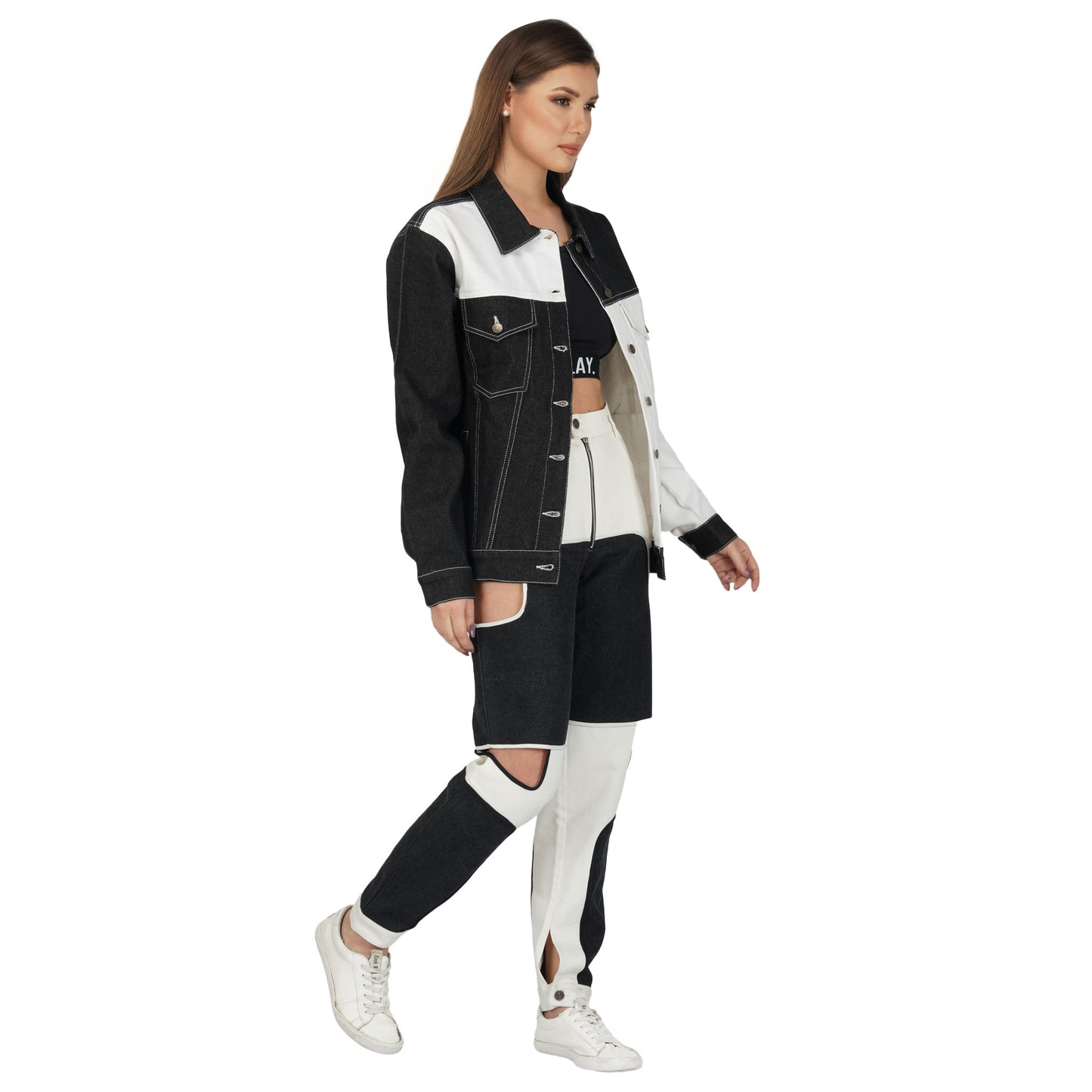 SLAY. Women's Black & White Colorblock Denim Jacket & Jeans Co-ord Set