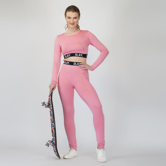 SLAY. Sport Women's Activewear Full Sleeves Crop Top And Pants Co-ord Set Pink
