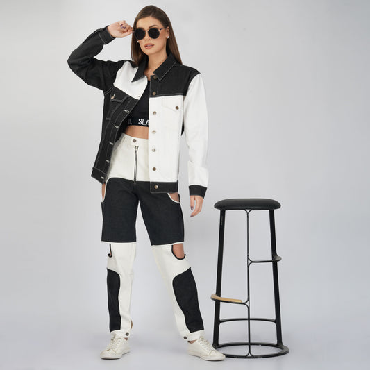 SLAY. Women's Black & White Colorblock Denim Jacket Crop Top & Jeans Co-ord Set(3 piece)