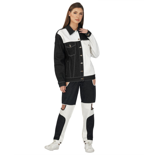 SLAY. Women's Black & White Colorblock Denim Jacket Crop Top & Jeans Co-ord Set(3 piece)