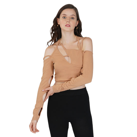 SLAY. Women's Cutout Long Sleeve Asymmetrical Crop Top Beige