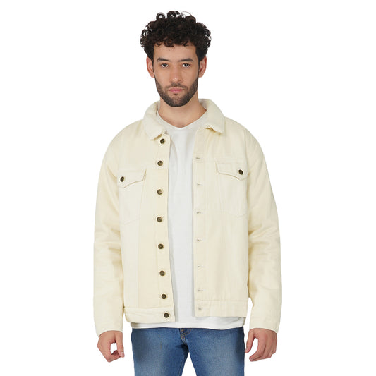 SLAY. Men's Full Sleeves Off-white Solid Button-Down Denim Jacket with Faux-fur Lining-clothing-to-slay.myshopify.com-Jacket
