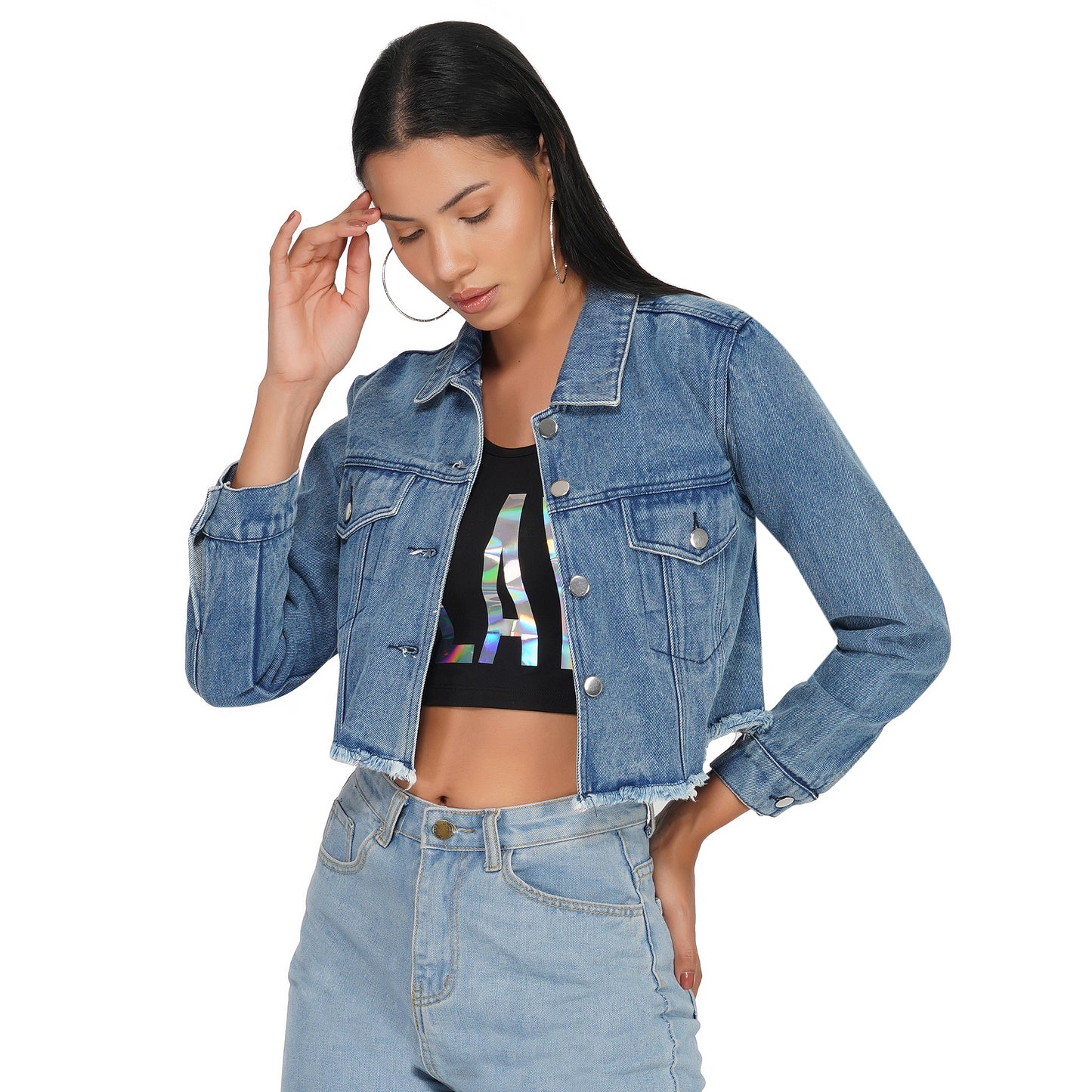 SLAY. Women's Washed Cropped Denim Button-Down Vintage Biker Jacket-clothing-to-slay.myshopify.com-Cropped Denim Jacket